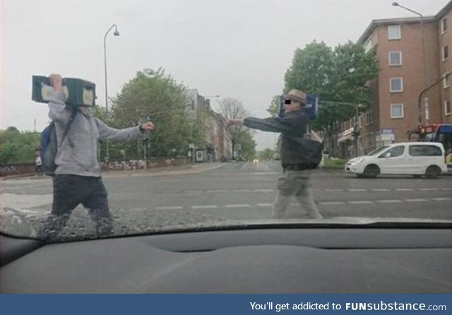 Two germans carrying beer meet at a traffic light
