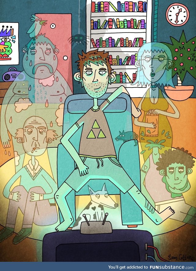 A drawing I did of me hanging with the ghosts of those who have died in my apartment