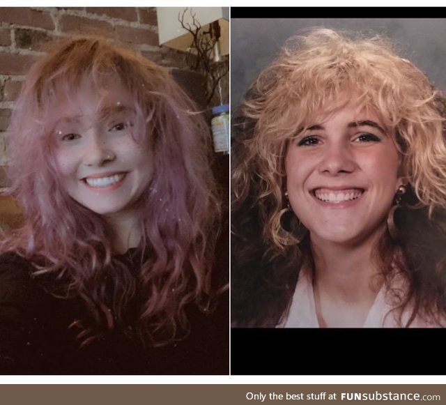 Me cutting my bangs in quarantine and my moms high school photo in 1987