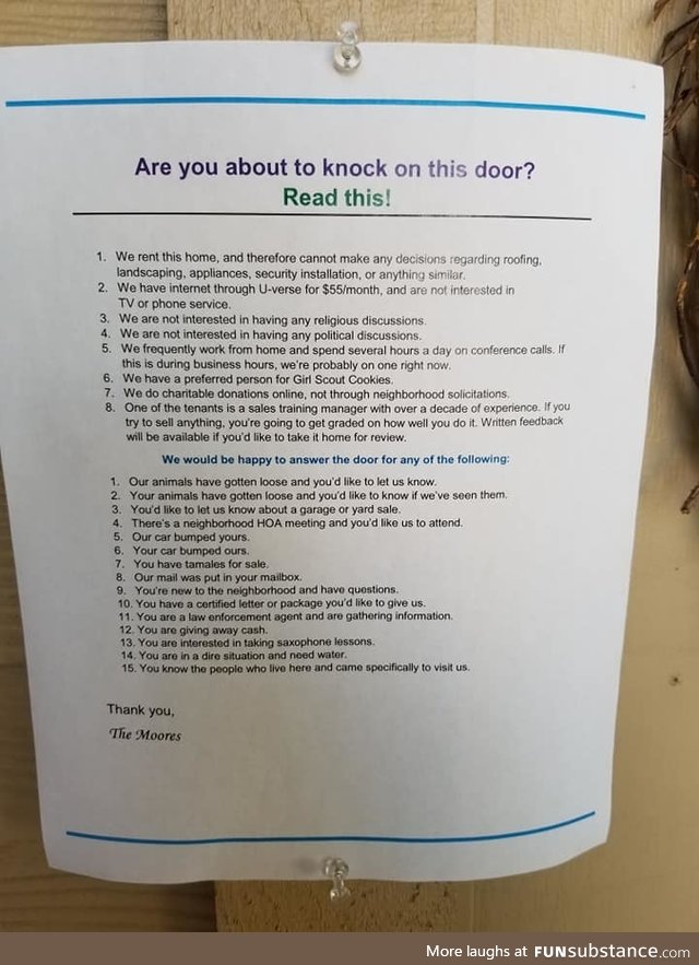 My wife's rules for people who want to ring our doorbell