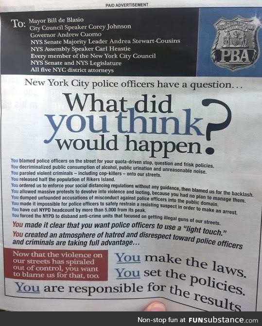 NYC Police officers' message in the newspaper