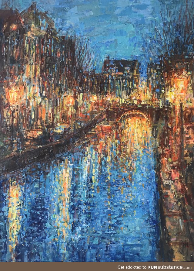 Painting I did of an Amsterdam canal; Tried to capture the reflections and swirls of the