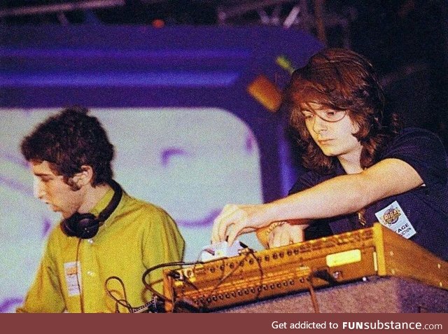 Daft Punk performing without their helmets, c. 1995