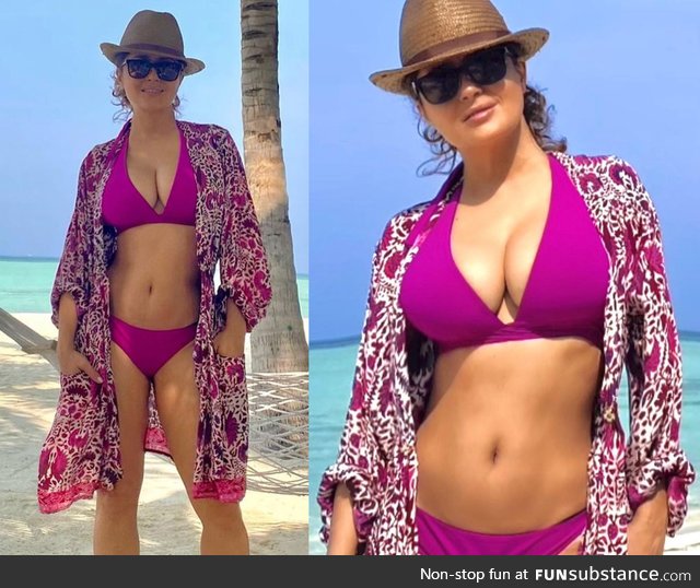 Salma Hayek at 54 photographed in a bathing suit