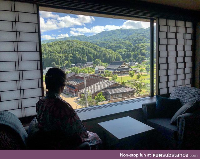 My wife looks over the town of Yuwaku in Ishikawa Prefecture before going to breakfast