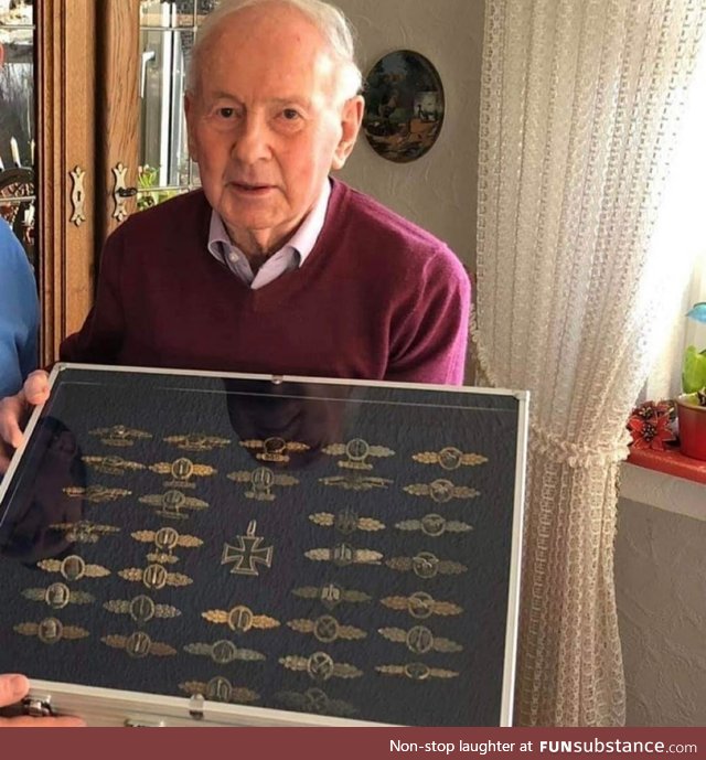 Lt. Hugo Broch, 98, and his medals. 81 air victories make him the most successful german