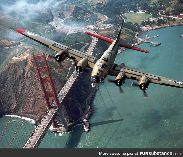 B-17 WWII bomber beautifully flying over the Golden Gate bridge