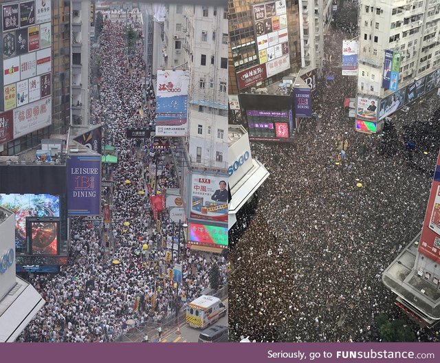 Comparing the protest last week [LEFT] and today [RIGHT] in Hong Kong