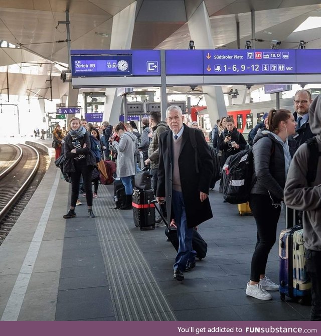 Austrian president Alexander Van der Bellen taking the public train to Meran, Italy, to
