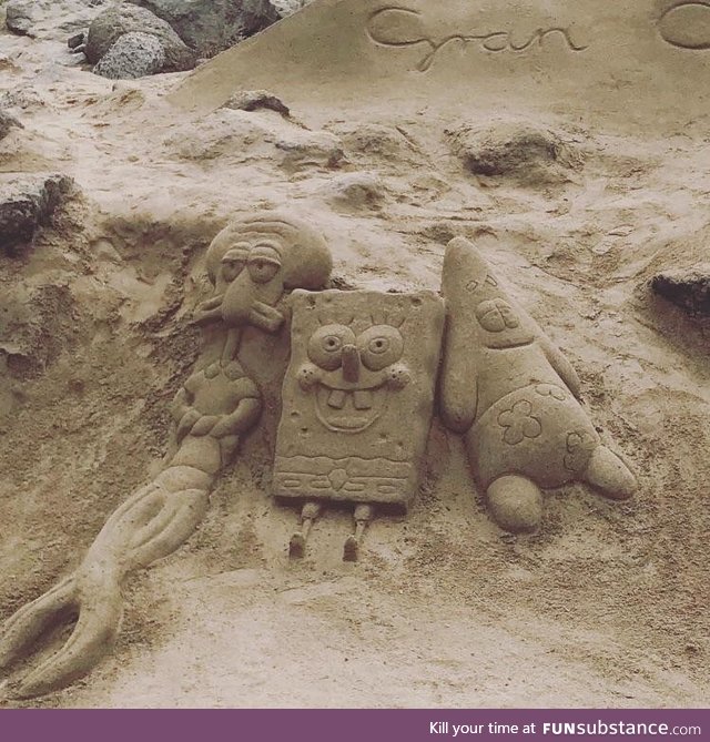 Spongebob sand art, spotted on beach in Maspalomas