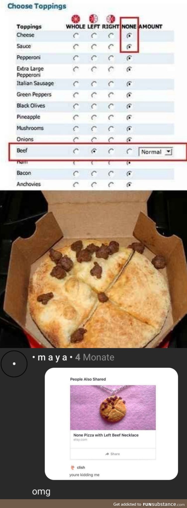 None pizza with left beef