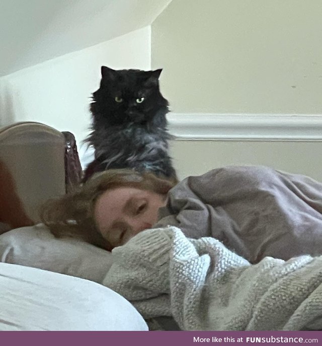 Husband caught our cat hovering over my sleeping body...Please excuse my face I didn't