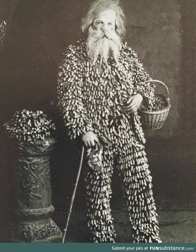 Beware the peanut vendor wearing his suit of peanuts, circa 1895