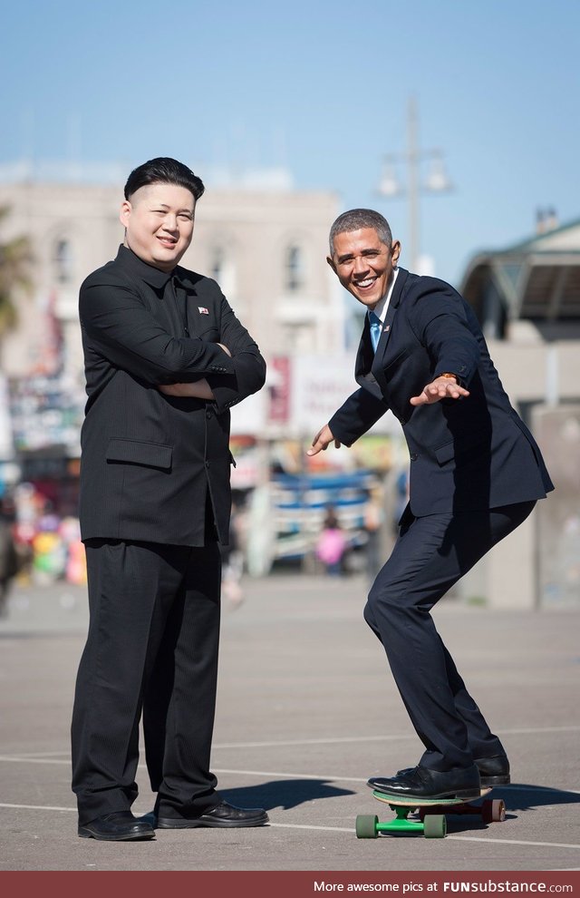 Kim Jong Un teaches Barack Obama the art skateboarding, 2014