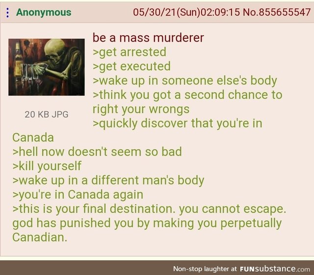 Solution: Just kill yourself quickly enough over and over again to extinct all Canadians