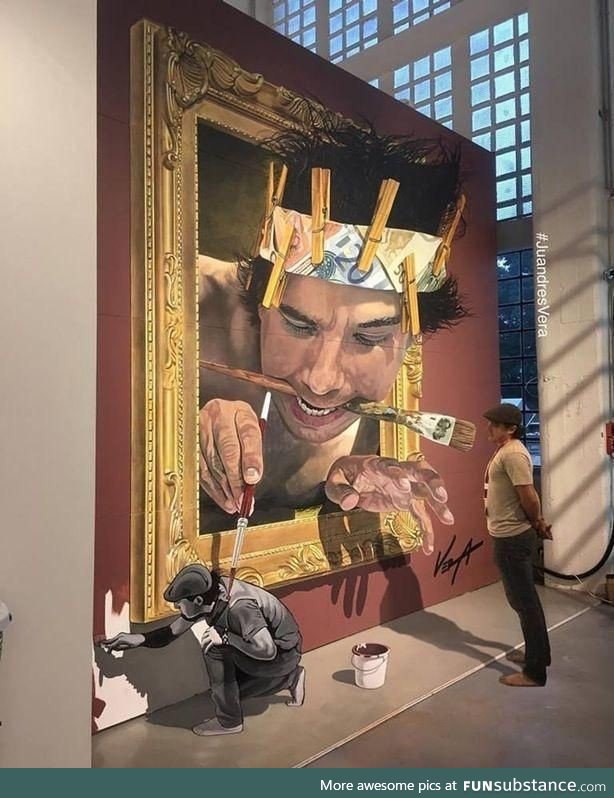A painting of a painter watching a painting of a painter painting a painter