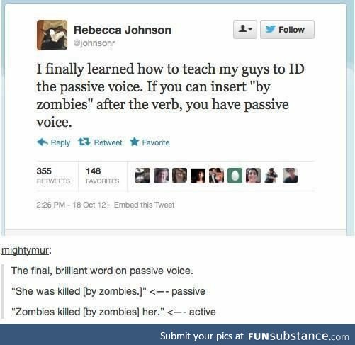 Learning to tell whether it's a passive voice or not by zombies