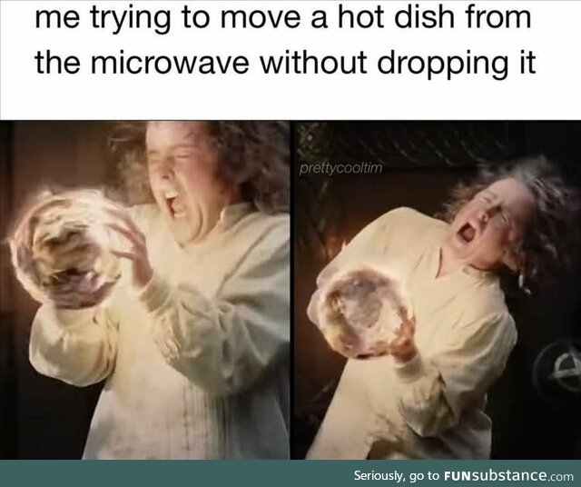 Removing a dish that's too hot from the microwave