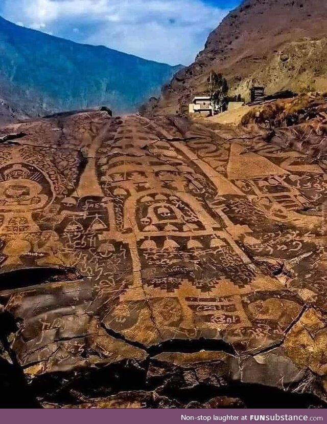 Ancient schatial glyphs on the Karakoram Highway in the Gilgit-Baltistan region, Pakistan.