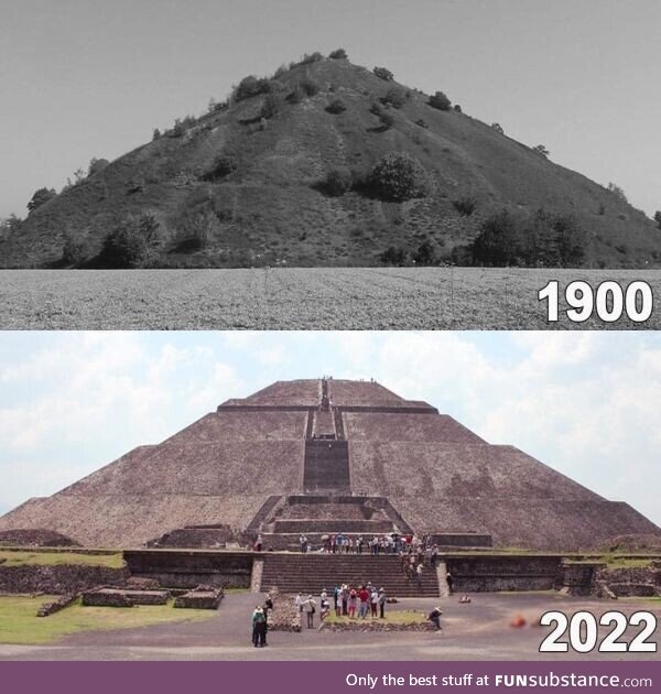 Teotihuacan Pyramid in Mexico City in 1900 and in 2022. The 1900 view looked like a