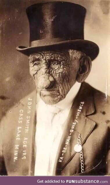 John Smith, aka Ganabiagwiya; Chippewa Indian, who lived in Minnesota, at the age of 129.