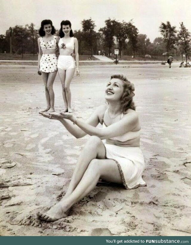 A woman on the beach discovers a race of tiny people, 1943