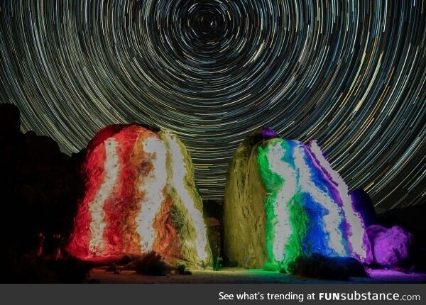 Another Long Exposure I took of myself rock climbing with LEDs while the stars spun above