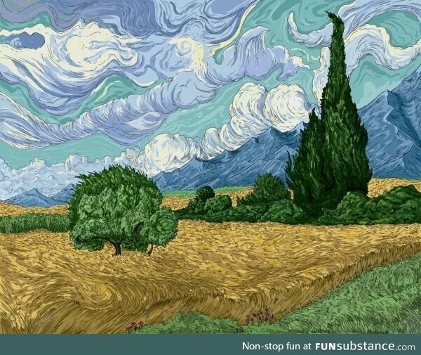 An illustration of Van Gogh's Wheat Field with Cypresses