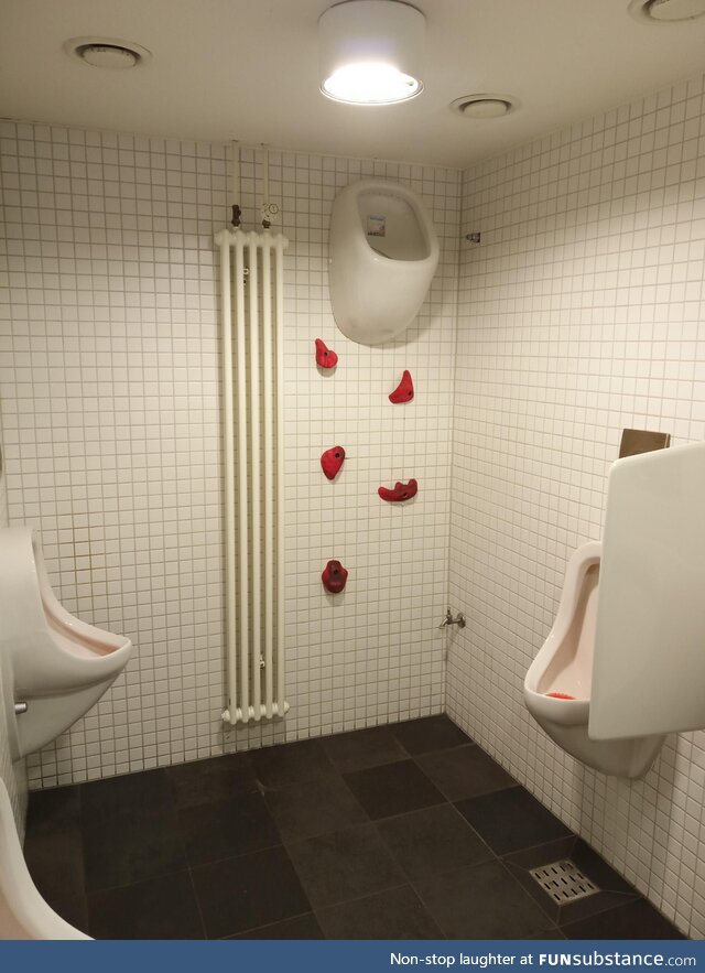 A men's bathroom in a restaurant. Art installation