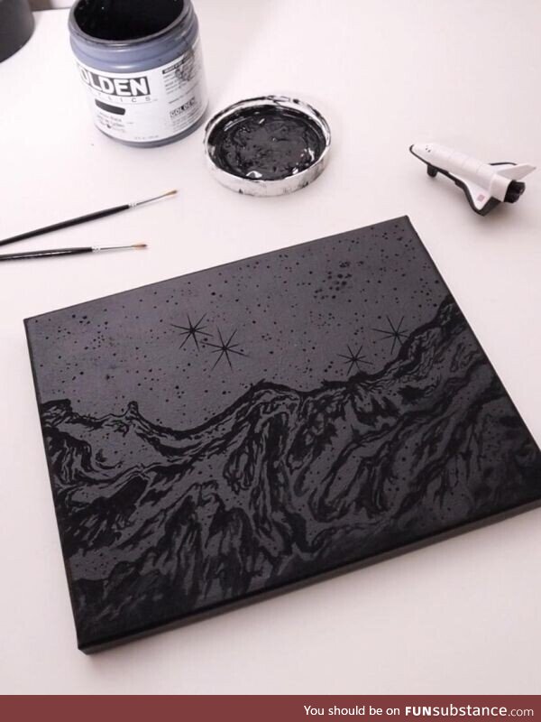 Black on black painting of the James Webb telescope Cosmic Cliffs . What are you thoughts