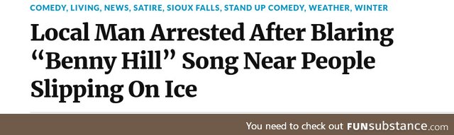 Man gets arrested for blasting benny hill song while people slip on ice at a wally world