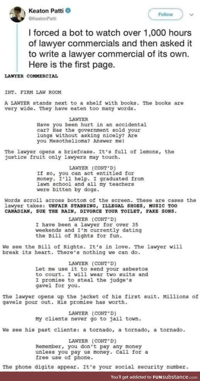 Bot-generated lawyer commercial