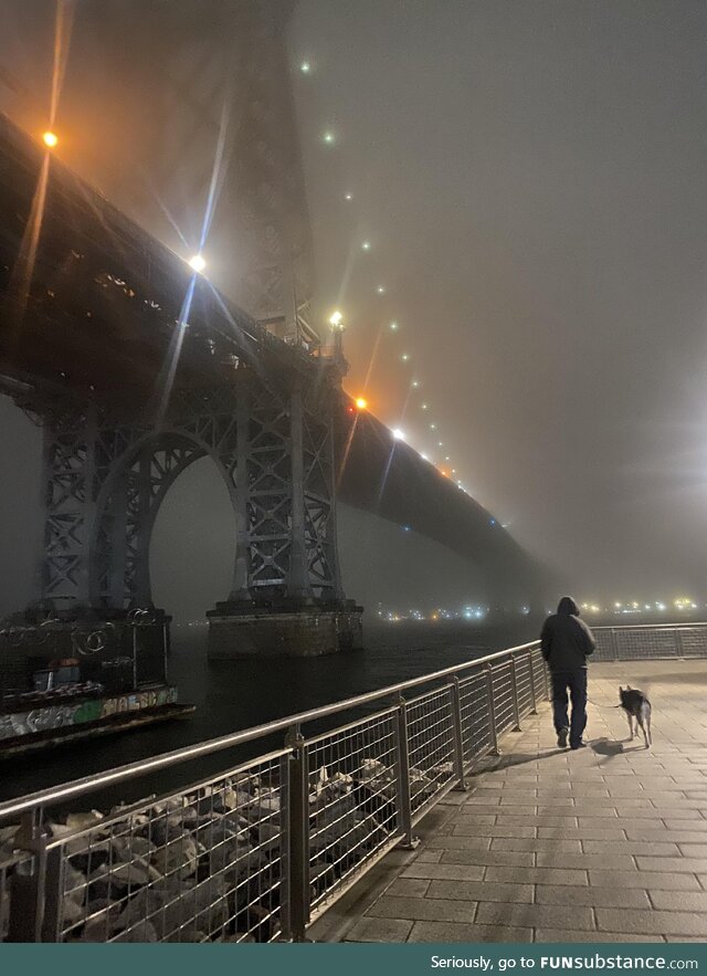 The Williamsburg Bridge in the fog tonight