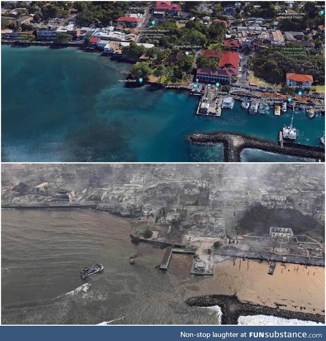 Lahaina, before and after the Hawaii wildfires