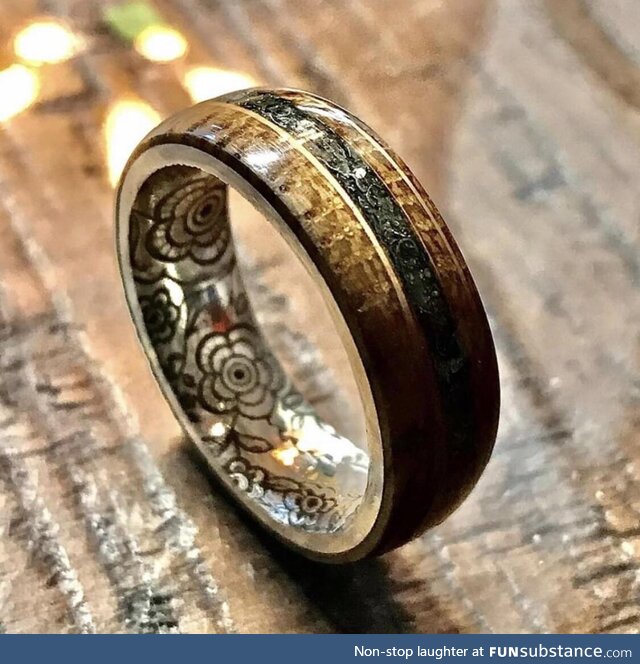 My favorite of them all. Whiskey barrel wood, meteorite inlay and engraved silver band