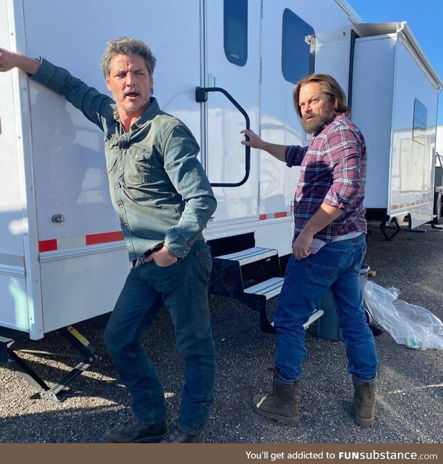Pedro Pascal and Nick Offerman on the set of The Last of Us. Two of the coolest dudes in