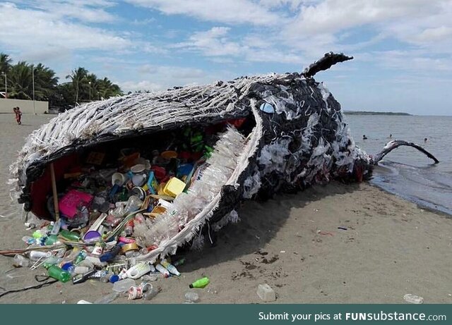 "Whale of a Problem" by Phillipines Greenpeace, rubbish & plastic waste, life-size, 2017