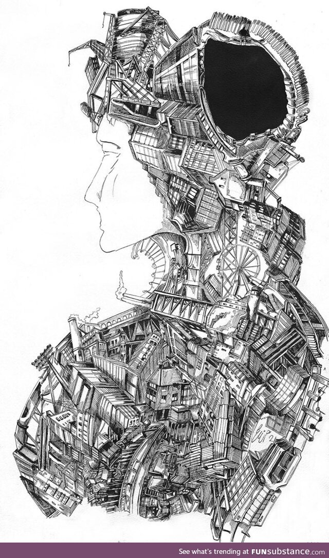 Drawing of a lady made of buildings