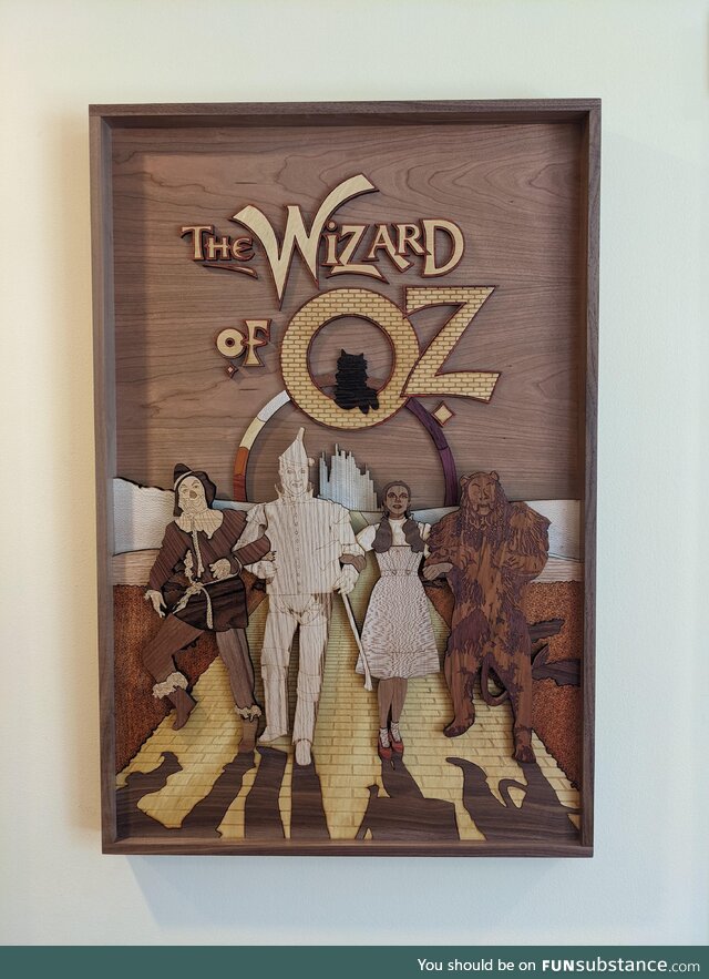 [OC] I built the Wizard of Oz movie poster out of naturally colored hardwoods