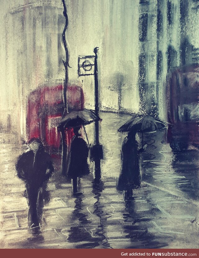 Bus stop, charcoal and pastel art by me, 2022