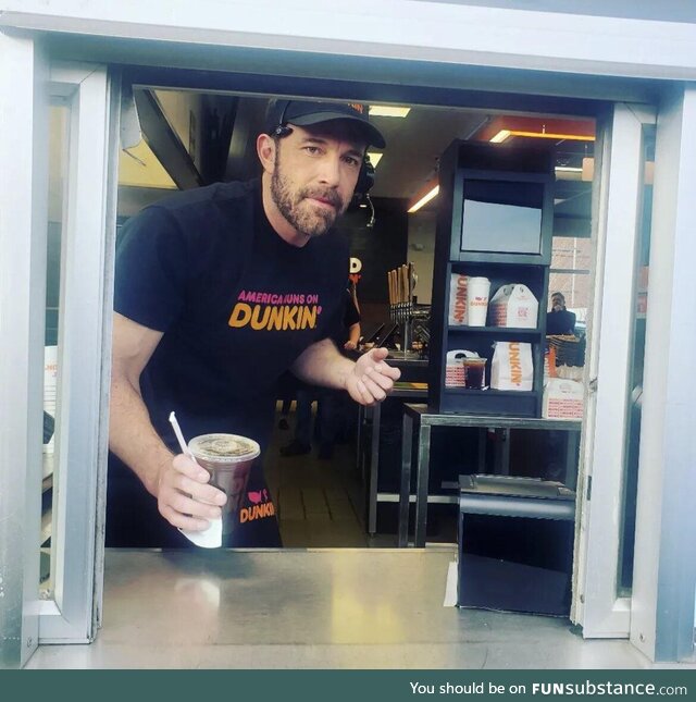 Ben Affleck working the drive-thru window at Dunkin in Medford, MA today
