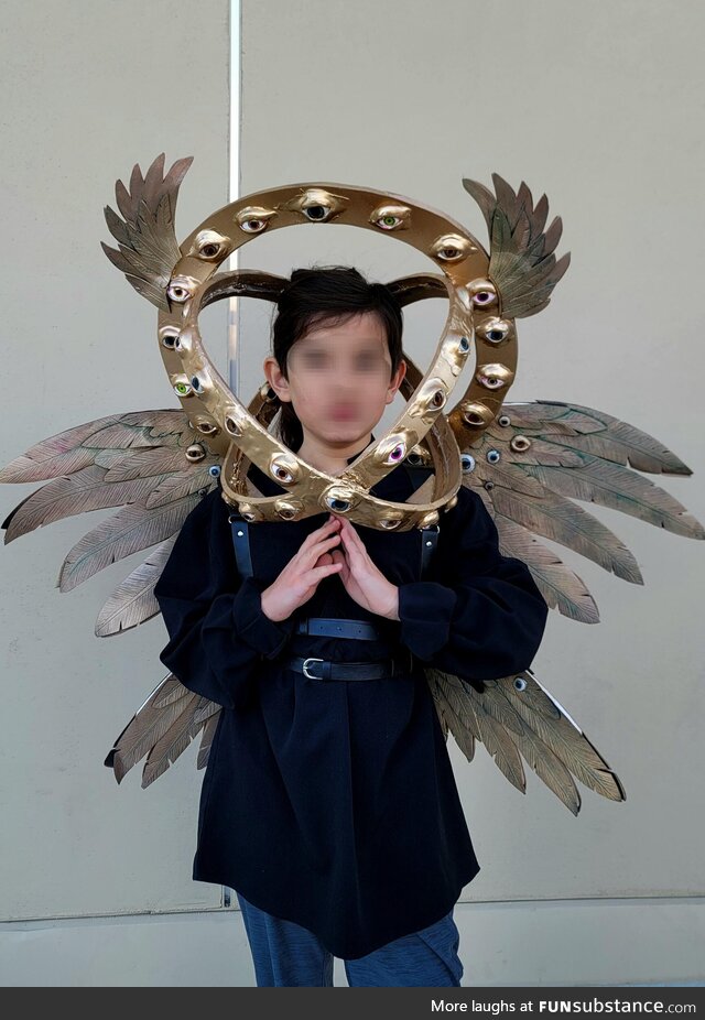 My kiddo's costume request this year: Biblically Accurate Angel
