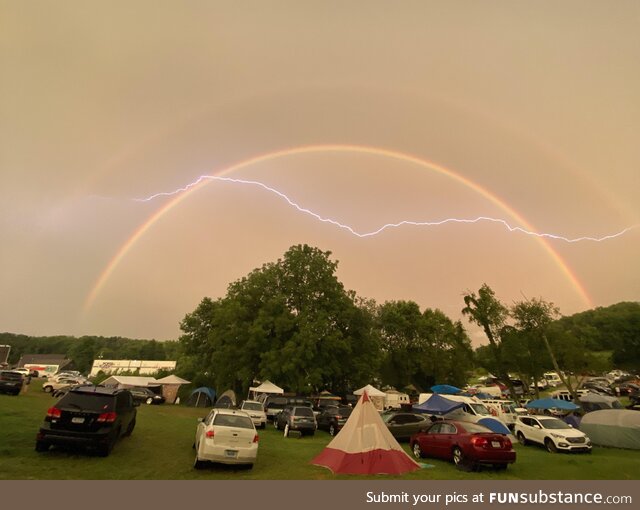 [OC] Snapped a photo of double rainbow + lightning at Secret Dreams Music & Arts Festival