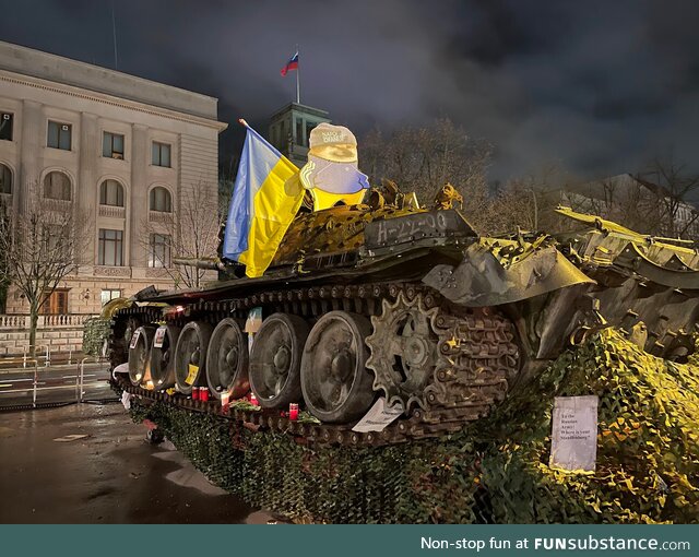 A destroyed T-72B Tank placed in front of the Russian embassy in Berlin