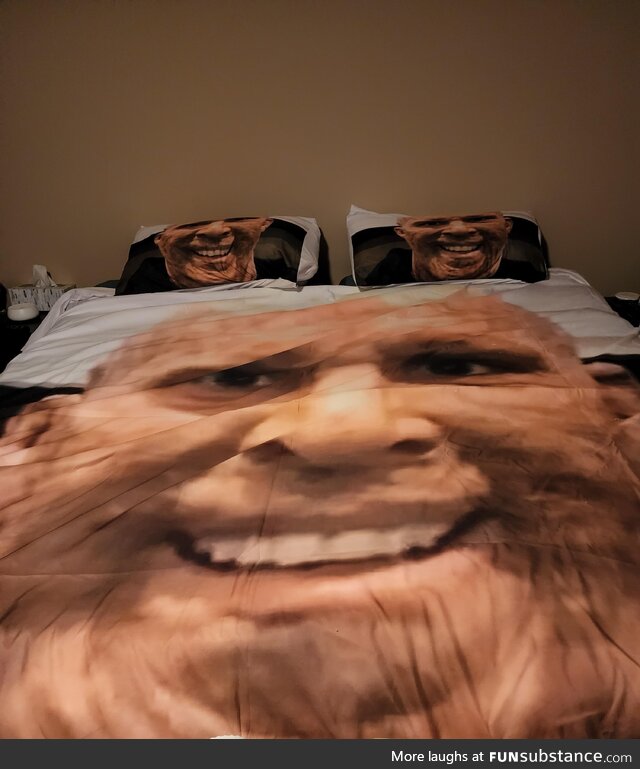 Daughter's got us these for Christmas. Decided to put them on the bed for us since we