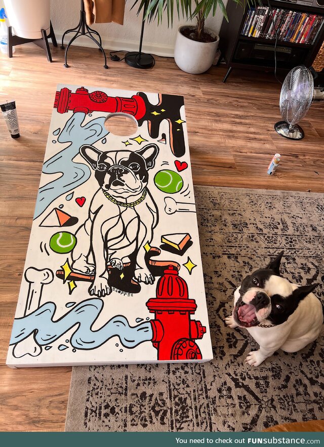 [OC] I painted my dog on one of our corn hole boards this weekend. This is the big reveal: