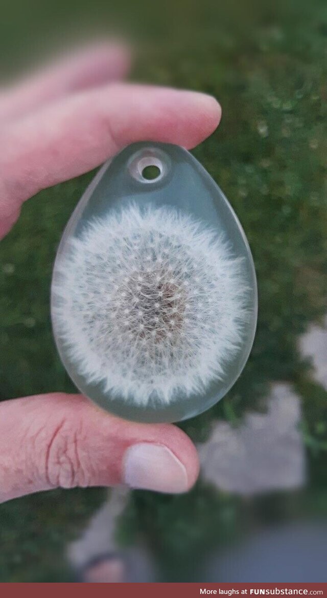 [OC] A dandelion perfectly encased in a resin pendant. Picked up a new hobby during the