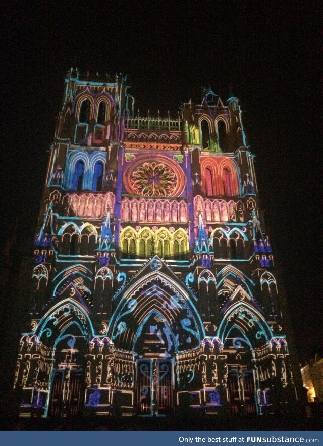Light show on the facade of the Cathedral of Notre Dame, Amiens, France