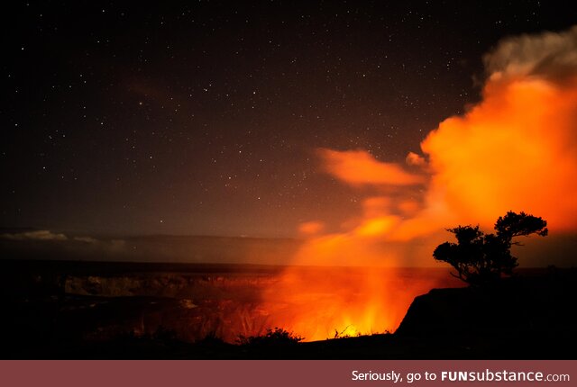 Lava glow from the Halema‘uma‘u crater, Kīlauea volcano. Hawaii
