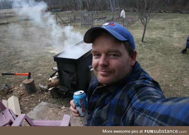 Boiling down maple syrup on a sunny day off after an on-call shift. The perfect day